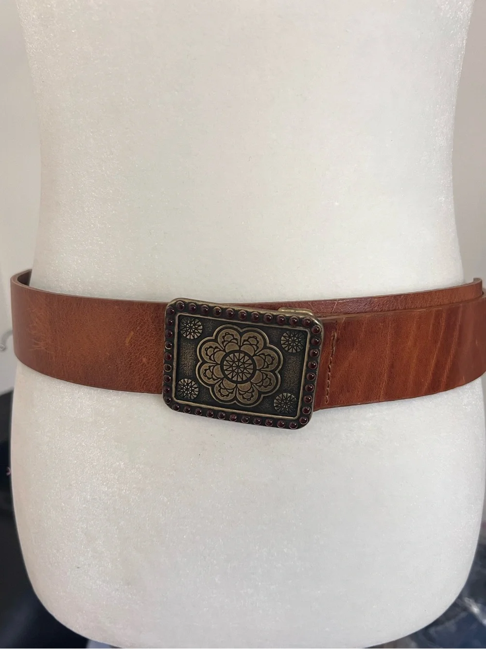 Vintage Cognac Brown Leather Belt with Antiqued Floral Buckle | Boho Western